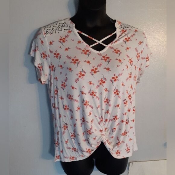 No Boundaries Tops - No Boundaries white floral criss cross front knot blouse